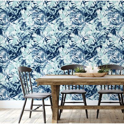 Papel de Parede Folhas Abstratas, Azul, Vinílico Autoadesivo, Revestimento Decorativo Fácil Faça-Você-Mesmo para Quarto e Sala - S4Sassy 63,5 cm (L) × 152,4 cm (C) / Azul - Vinil Liso