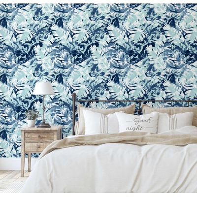 Papel de Parede Folhas Abstratas, Azul, Vinílico Autoadesivo, Revestimento Decorativo Fácil Faça-Você-Mesmo para Quarto e Sala - S4Sassy 63,5 cm (L) × 152,4 cm (C) / Azul - Vinil Liso