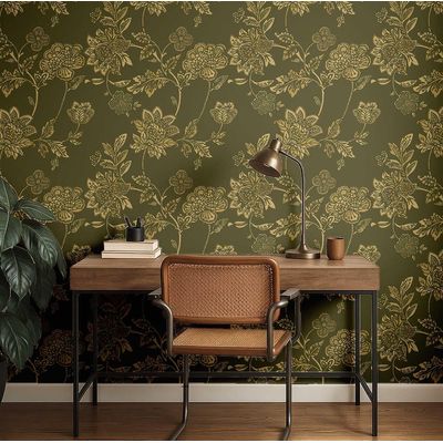Papel de Parede Floral Vintage Verde, Vinil Autoadesivo, Aplicação DIY Fácil para Quarto Estilo Fazenda, Sala e Armário - S4Sassy 63,5 cm (L) × 152,4 cm (C) / Verde - Vinil Texturizado