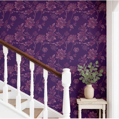 Papel de Parede Floral Vintage Roxo Autoadesivo em Vinil, Revestimento Fácil DIY para Quarto Estilo Fazenda, Sala, Armário - S4Sassy 63,5 cm (L) × 152,4 cm (C) / Roxo - Vinil Liso