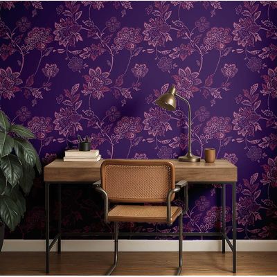 Papel de Parede Floral Vintage Roxo Autoadesivo em Vinil, Revestimento Fácil DIY para Quarto Estilo Fazenda, Sala, Armário - S4Sassy 63,5 cm (L) × 152,4 cm (C) / Roxo - Vinil Liso