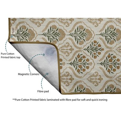 Tapete Magnético Dobrável Algodão c/ Almofada Fibra e Apoio Silicone, Lavável, para Viagem, p/ Tábua (Mesa,Lav./Sec.) - Floral - Vargottam 71,12 Cm × 121,92 Cm / Bege