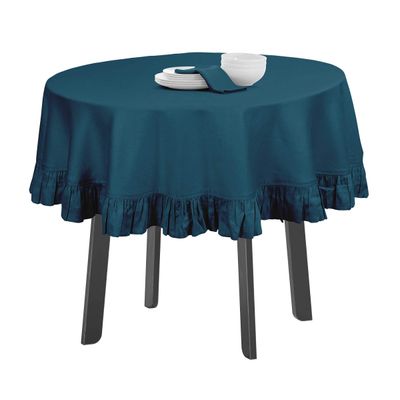 Toalha de Mesa Redonda com Babados para Cozinha e Sala de Jantar, Capa para Tampo de Mesa, Decoração, Algodão Lisa, Azul - Vargottam 137,16 Cm × 137,16 Cm – Quadrado / Azul