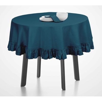 Toalha de Mesa Redonda com Babados para Cozinha e Sala de Jantar, Capa para Tampo de Mesa, Decoração, Algodão Lisa, Azul - Vargottam 137,16 Cm × 137,16 Cm – Quadrado / Azul