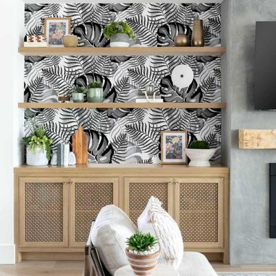 Papel de Parede Vinílico Autoadesivo Monstera Chic de Selva Impermeável Removível Cinza para Quartos e Salas, Armários - S4Sassy 63,5 cm (L) × 914,4 cm (C) / Cinza - Vinil Liso