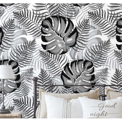 Papel de Parede Vinílico Autoadesivo Monstera Chic de Selva Impermeável Removível Cinza para Quartos e Salas, Armários - S4Sassy 63,5 cm (L) × 914,4 cm (C) / Cinza - Vinil Liso