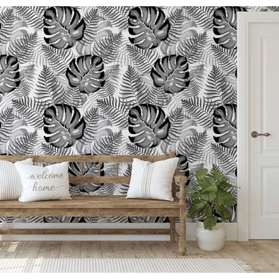 Papel de Parede Vinílico Autoadesivo Monstera Chic de Selva Impermeável Removível Cinza para Quartos e Salas, Armários - S4Sassy 63,5 cm (L) × 914,4 cm (C) / Cinza - Vinil Liso