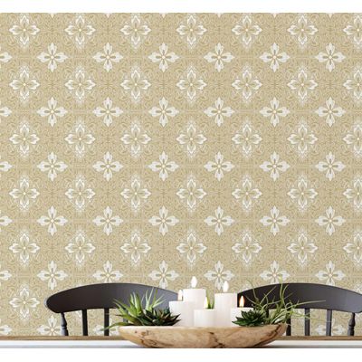 Papel de Parede Azulejo Floral Ornamentado Bege Autoadesivo em Vinil, Fácil DIY para Quarto Estilo Fazenda, Sala e Armários - S4Sassy 63,5 cm (L) × 609,6 cm (C) / Bege - Vinil Texturizado