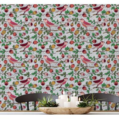 Papel de Parede Autoadesivo Vinil Verde Pássaros e Frutas Removível Faça-Você-Mesmo para Parede de Destaque na Entrada Decoração - S4sassy 63,5 cm (L) × 914,4 cm (C) / Verde - Vinil Liso