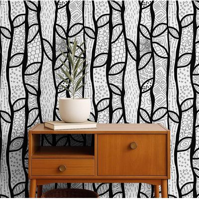 Papel de Parede Preto com Estampa de Árvore em Esboço Moderno, Vinílico Autoadesivo Decorativo, Aplicação Fácil (Faça Você Mesmo) - S4Sassy 63,5 cm (L) × 304,8 cm (C) / Preto - Vinil Texturizado