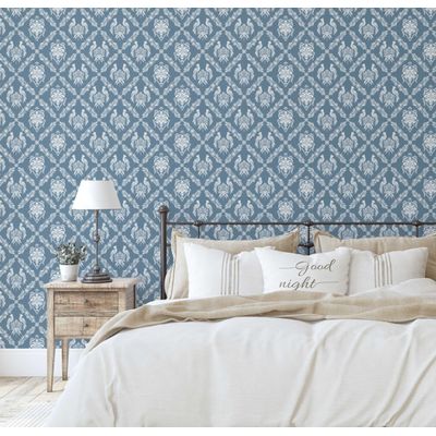 Papel de Parede Galo Real e Floral Azul, Vinil Autoadesivo, Revestimento Fácil DIY para Quarto Estilo Fazenda, Armários e Áreas - S4Sassy 63,5 cm (L) × 914,4 cm (C) / Azul - Vinil Texturizado