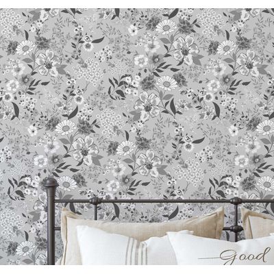 Papel de Parede Vinílico Autoadesivo Floral Vintage Chic Impermeável Cinza para Quarto, Espaços Alugados e Armários - S4Sassy 63,5 cm (L) × 609,6 cm (C) / Cinza - Vinil Liso