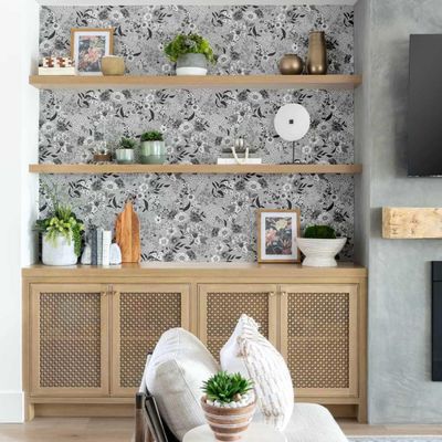 Papel de Parede Vinílico Autoadesivo Floral Vintage Chic Impermeável Cinza para Quarto, Espaços Alugados e Armários - S4Sassy 63,5 cm (L) × 609,6 cm (C) / Cinza - Vinil Liso