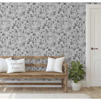 Papel de Parede Vinílico Autoadesivo Floral Vintage Chic Impermeável Cinza para Quarto, Espaços Alugados e Armários - S4Sassy 63,5 cm (L) × 609,6 cm (C) / Cinza - Vinil Liso