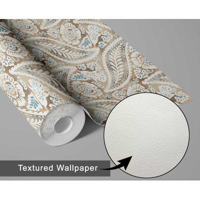 Papel de Parede Vinílico Autoadesivo Estampa Paisley Floral em Bloco Bege, Fácil DIY para Quarto Estilo Fazenda, Armários e Salas - S4Sassy 63,5 cm (L) × 152,4 cm (C) / Bege - Vinil Texturizado