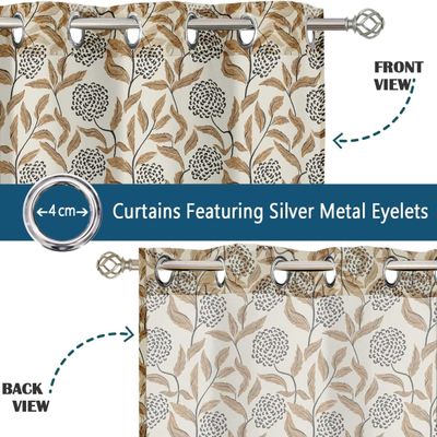 Cortinas Voil Extra-Longas com Estampa Floral para Janelas/Portas de Dupla Altura - 2 Painéis com Ilhós, Georgette Filtrante - Vargottam 106,68 Cm (L) × 274,32 Cm (C) / Marrom