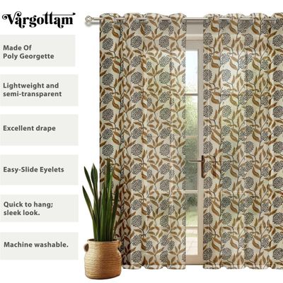 Cortinas Voil Extra-Longas com Estampa Floral para Janelas/Portas de Dupla Altura - 2 Painéis com Ilhós, Georgette Filtrante - Vargottam 106,68 Cm (L) × 274,32 Cm (C) / Marrom
