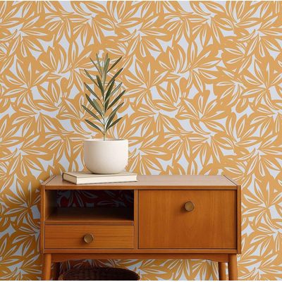 Papel de Parede Moderno de Folhas Tropicais Laranja, Vinil Autoadesivo, Revestimento Fácil DIY para Quarto, Armários e Salas - S4Sassy 63,5 cm (L) × 914,4 cm (C) / Laranja - Vinil Texturizado