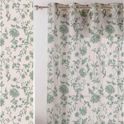 Cortinas Extra Longas de Georgette Estampada c/ Vinhas Florais, Topo com Ilhós, Filtram Luz, 2 Painéis para Janelas/Portas Altas - Vargottam 132,08 Cm (L) × 160,02 Cm (C) / Bege