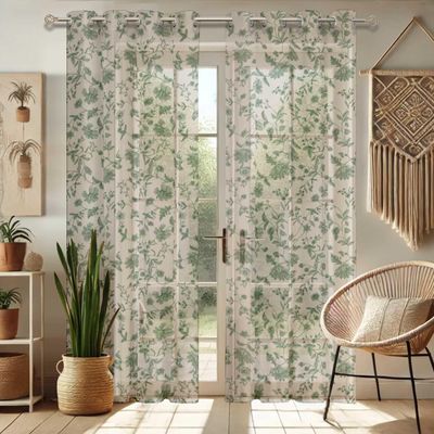 Cortinas Extra Longas de Georgette Estampada c/ Vinhas Florais, Topo com Ilhós, Filtram Luz, 2 Painéis para Janelas/Portas Altas - Vargottam 132,08 Cm (L) × 160,02 Cm (C) / Bege