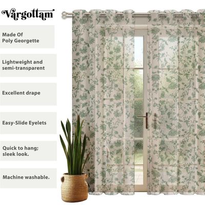 Cortinas Extra Longas de Georgette Estampada c/ Vinhas Florais, Topo com Ilhós, Filtram Luz, 2 Painéis para Janelas/Portas Altas - Vargottam 132,08 Cm (L) × 160,02 Cm (C) / Bege