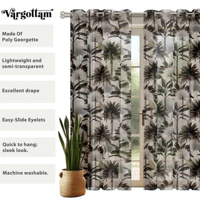 Cortinas Georgette Extra Longas Estampa de Árvore Tropical para Janelas e Portas de Dupla Altura - 2 Painéis Topo com Ilhós - Vargottam 132,08 Cm (L) × 213,36 Cm (C) / Cinza