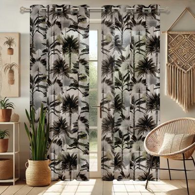 Cortinas Georgette Extra Longas Estampa de Árvore Tropical para Janelas e Portas de Dupla Altura - 2 Painéis Topo com Ilhós - Vargottam 132,08 Cm (L) × 213,36 Cm (C) / Cinza