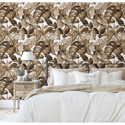 Papel de Parede Monocromático de Folhas Tropicais Marrom, Vinílico Autoadesivo, Faça Você Mesmo para Quarto e Sala - S4Sassy 63,5 cm (L) × 914,4 cm (C) / Marrom - Vinil Liso