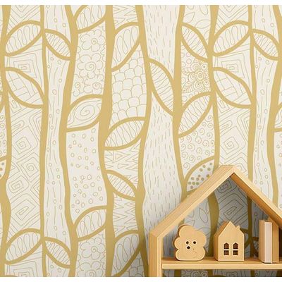 Papel de Parede com Estampa de Árvore Moderna em Esboço Amarelo, Vinil Autoadesivo, Instalação Fácil para Quarto, Armários, Salas - S4Sassy 63,5 cm (L) × 304,8 cm (C) / Amarelo - Vinil Liso