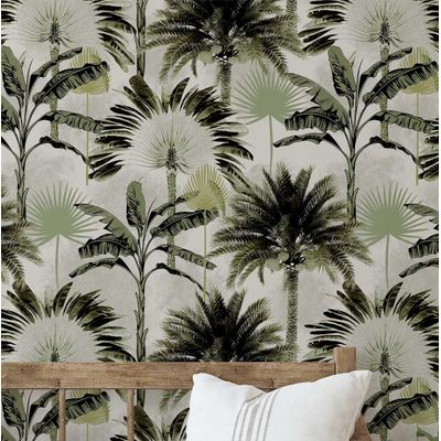 Papel de Parede Monocromático Estampa de Palmeira Verde, Vinil Autoadesivo, DIY Fácil para Quarto, Sala, Armários e Ambientes - S4Sassy 63,5 cm (L) × 152,4 cm (C) / Verde - Vinil Liso
