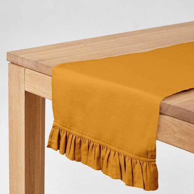 Caminho de Mesa com Babado em Tecido Slub de Algodão Amarelo para Decoração de Mesa - Vargottam 35,56 Cm (L) × 121,92 Cm (C) / Amarelo