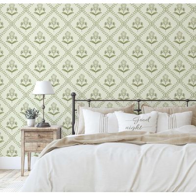 Revestimento Autoadesivo Removível Floral Diagonal Buti, Mural Estilo Asiático Para Banheiro, Lavanderia e Armário, Vinil Verde - S4Sassy 63,5 cm (L) × 304,8 cm (C) / Verde - Vinil Liso