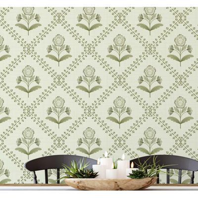 Revestimento Autoadesivo Removível Floral Diagonal Buti, Mural Estilo Asiático Para Banheiro, Lavanderia e Armário, Vinil Verde - S4Sassy 63,5 cm (L) × 304,8 cm (C) / Verde - Vinil Liso