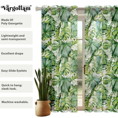 Cortinas Extra Longas Estampa Folhas Tropicais Verdes para Janelas/Portas de Altura Dupla, 2 Painéis, Ilhós, Georgette Filtrante - Vargottam 132,08 Cm (L) × 182,88 Cm (C) / Verde