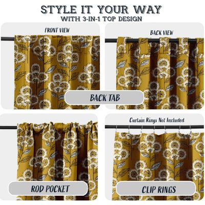 Cortinas Extra Longas de Algodão, Filtrantes, Bainha p/ Varão/Alças Traseiras, Jogo 2 Painéis, p/ Tetos Altos/Portas Francesas - Vargottam 132,08 Cm (L) × 213,36 Cm (C) / Amarelo