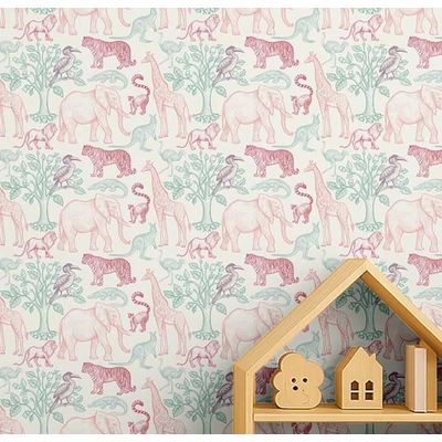 Papel de Parede Safari Animal Verde, Vinil Autoadesivo, Aplicação Fácil (Faça Você Mesmo) para Quarto Infantil e Sala de Brincar - S4Sassy 63,5 cm (L) × 914,4 cm (C) / Verde - Vinil Liso