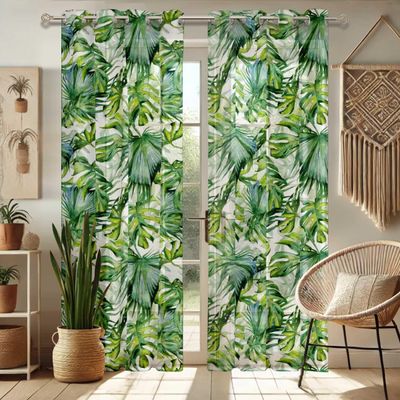 Cortinas Extra Longas Estampa Folhas Tropicais Verdes para Janelas/Portas de Altura Dupla, 2 Painéis, Ilhós, Georgette Filtrante - Vargottam 132,08 Cm (L) × 243,84 Cm (C) / Verde