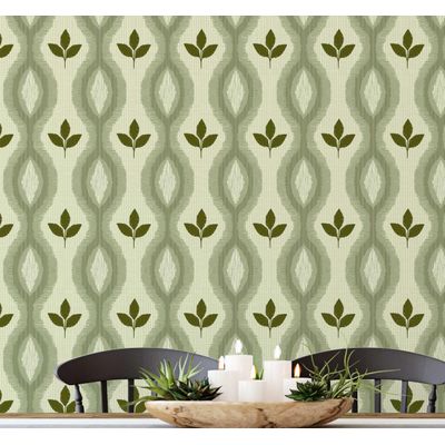 Motivo Tribal Moderno de Folhas, Papel de Parede Vinílico Autoadesivo Verde Decorativo, Fácil DIY para Quarto, Armários e Salas - S4Sassy 63,5 cm (L) × 914,4 cm (C) / Verde - Vinil Texturizado