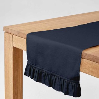 Caminho de Mesa Azul com Babados, Tecido Slub de Algodão para Decoração de Casa e Mesa - Vargottam 35,56 Cm (L) × 228,6 Cm (C) / Azul