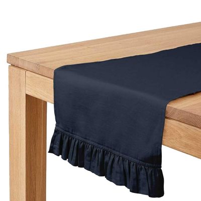 Caminho de Mesa Azul com Babados, Tecido Slub de Algodão para Decoração de Casa e Mesa - Vargottam 35,56 Cm (L) × 228,6 Cm (C) / Azul