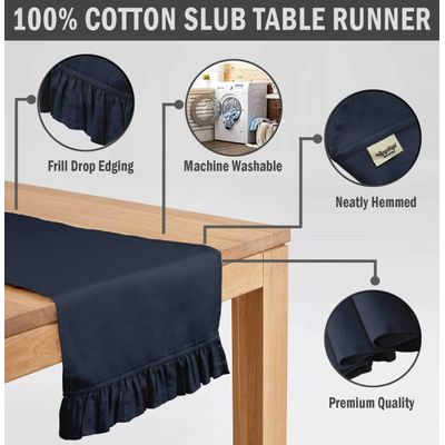 Caminho de Mesa Azul com Babados, Tecido Slub de Algodão para Decoração de Casa e Mesa - Vargottam 35,56 Cm (L) × 228,6 Cm (C) / Azul