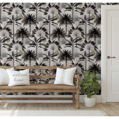 Papel de Parede Monocromático Selva com Palmeiras Cinza, Vinílico Autoadesivo, Decoração DIY para Quarto, Sala, Armários e Espaços - S4Sassy 63,5 cm (L) × 609,6 cm (C) / Cinza - Vinil Liso