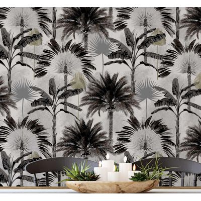 Papel de Parede Monocromático Selva com Palmeiras Cinza, Vinílico Autoadesivo, Decoração DIY para Quarto, Sala, Armários e Espaços - S4Sassy 63,5 cm (L) × 609,6 cm (C) / Cinza - Vinil Liso