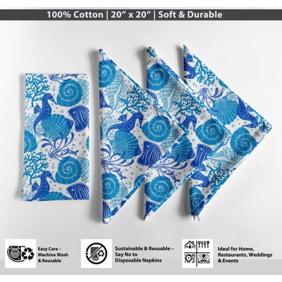 Guardanapos de Algodão Coral e Conchas, Cj. 12, 51x51 cm, Azul, Duráveis, Ideais para Mesa Marinha/Primavera, Lavável à Máquina - Vargottam 50,8 Cm × 50,8 Cm – Pacote Com 12 Peças / Azul