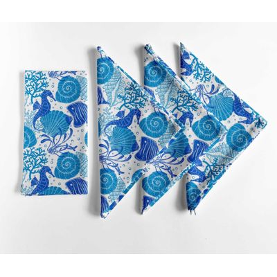 Guardanapos de Algodão Coral e Conchas, Cj. 12, 51x51 cm, Azul, Duráveis, Ideais para Mesa Marinha/Primavera, Lavável à Máquina - Vargottam 50,8 Cm × 50,8 Cm – Pacote Com 12 Peças / Azul