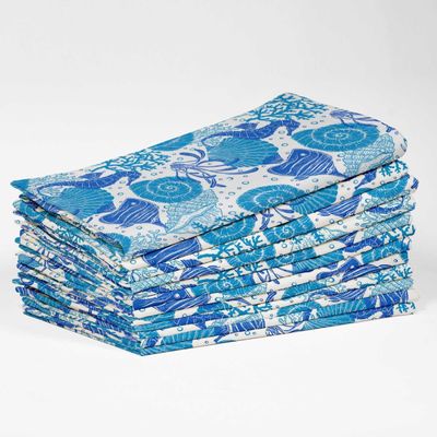 Guardanapos de Algodão Coral e Conchas, Cj. 12, 51x51 cm, Azul, Duráveis, Ideais para Mesa Marinha/Primavera, Lavável à Máquina - Vargottam 50,8 Cm × 50,8 Cm – Pacote Com 12 Peças / Azul