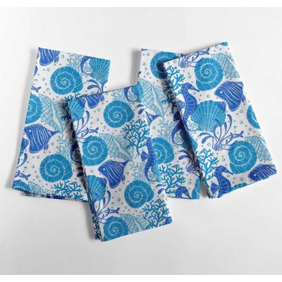 Guardanapos de Algodão Coral e Conchas, Cj. 12, 51x51 cm, Azul, Duráveis, Ideais para Mesa Marinha/Primavera, Lavável à Máquina - Vargottam 50,8 Cm × 50,8 Cm – Pacote Com 12 Peças / Azul