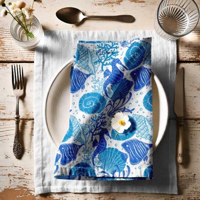 Guardanapos de Algodão Coral e Conchas, Cj. 12, 51x51 cm, Azul, Duráveis, Ideais para Mesa Marinha/Primavera, Lavável à Máquina - Vargottam 50,8 Cm × 50,8 Cm – Pacote Com 12 Peças / Azul