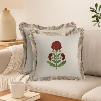 Capas de Almofada com Babado Estilo Farmhouse, Algodão, Jogo com 2, Estampa Floral Frente e Verso, Fecho com Zíper - Vargottam 42,75 Cm × 45,72 Cm – Pacote Com 2 / Bege