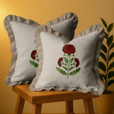 Capas de Almofada com Babado Estilo Farmhouse, Algodão, Jogo com 2, Estampa Floral Frente e Verso, Fecho com Zíper - Vargottam 42,75 Cm × 45,72 Cm – Pacote Com 2 / Bege